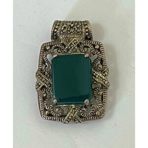 Vintage Sterling Silver Marcasite Green Gemstone Pendant Art Deco Victorian